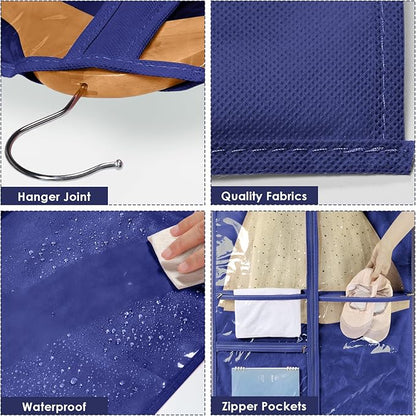 Univivi Kids Garment Bags for Dance Costumes 40 Inch Hanging Dance Costume Bag for Dance Competitions, with 3 Medium Clear Zipper Pockets for Dance Costumes, Closet Storage (Navy Blue) - 4 Pack