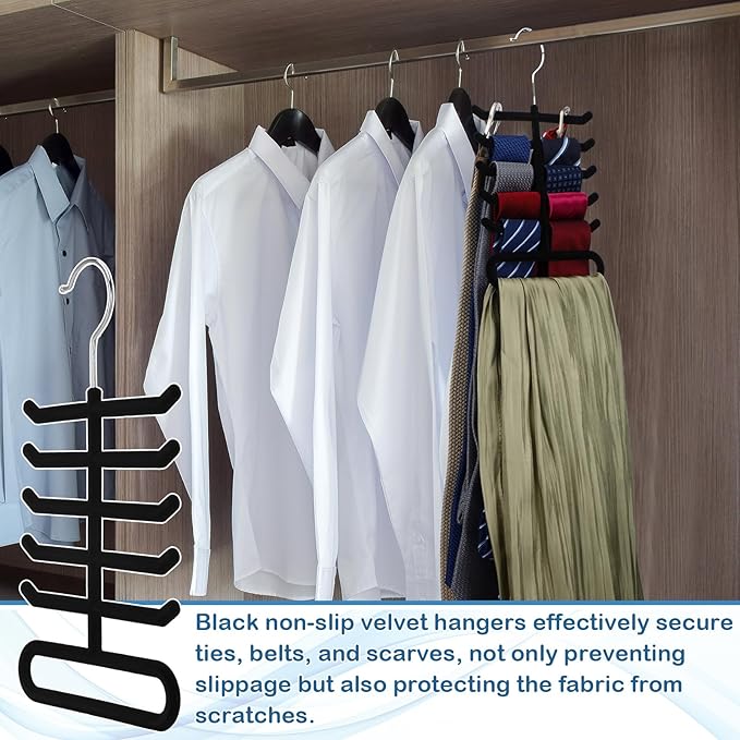 Kathfly 8 Pcs Tie Hanger Organizer, Non-Slip Velvet Closet Rack with 360° Swivel Hook, Space Saving, Holds Ties Belts & Scarves, Durable Multi-Layer Hanger for Closet, Black Flocked