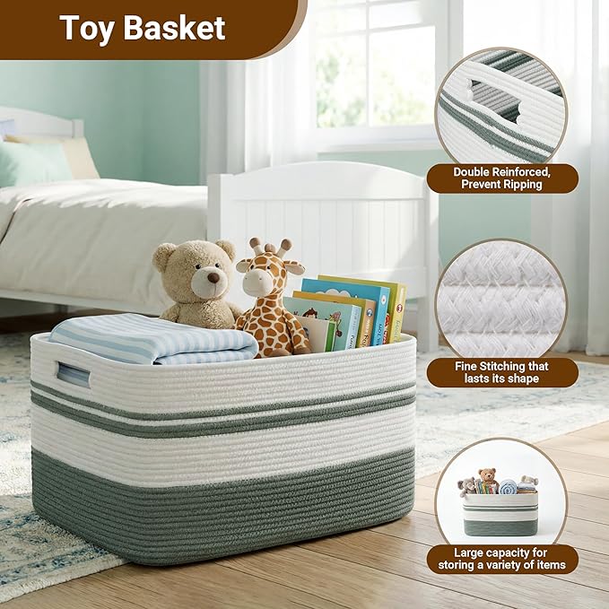 75L Large Blanket Basket, 22"x17"x12"Rectangle Cotton Rope Woven Storage Basket with Handles, Laundry Hamper for Living Room, Nursery, Bedroom - Chemical-Free, Kid & Pet Safe - Sage Green