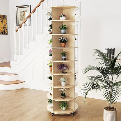 8 Tier Rotating Shoe Rack, Shoe Tower Organizer with 4 Universal Casters, Spinning Lazy Susan Display Storage Rack Round Carousel Vertical Handbag Closet (Natural, 23.6’’×23.6’’×74’’)