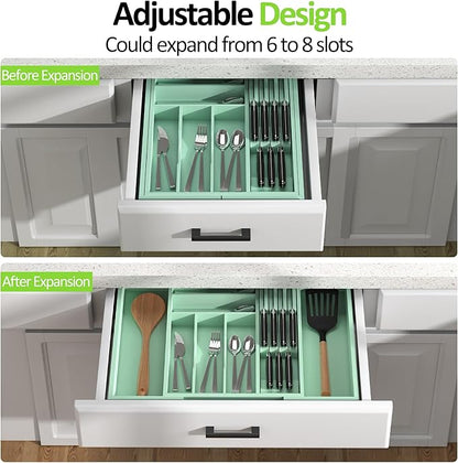 Bamboo Kitchen Drawer Organizer, Expandable Silverware Organizer with Removable Knife Block, 6-8 Slots- Utensil Holder & Cutlery Tray Drawer Dividers, 2.36" Deep for Extra Capacity, Cyan