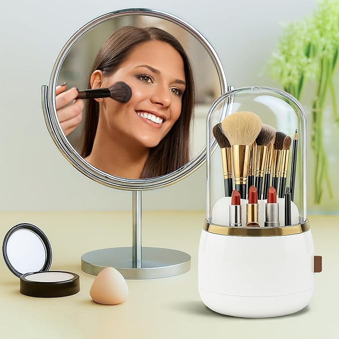 Toothbrush Holder with Lid Cosmetic Tools Organizer 360 Rotating 7-Slot Draining Waterproof Dustproof Make Up Brushes Toothbrush Storage for Dresser Vanity Bathroom Countertop