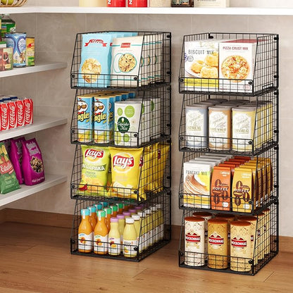 Jakyitvi 4 Pack XXL Stackable Wire Storage Basket, Extra Large Capacity Pantry Organizer and Storage, Muti-Purpose for Fruit Vegetable Basket & Toy Bin & Snack Organizer