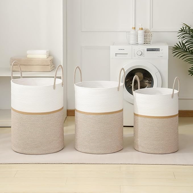 Laundry Basket Hamper Tall Rope Storage Woven for Blanket toys Dirty Clothes in Living Room Bathroom Bedroom (Blend White & Camel, 60L/15.8Gal)
