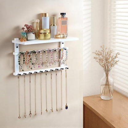 Emfogo Necklace Holder, Necklace Organizer Wall Mount Upgraded Oversized, 19 Hooks for Bracelet Necklace Storage Hanging, Jewelry Organizer Tray & Cosmetic Shelf
