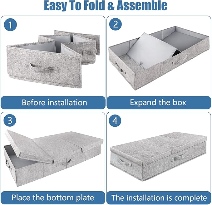 Supowin Underbed Storage Containers Bin with Lids, Large Under Bed Storage Organizer Box with Handle, Foldable Under the Storage Bags for Organizing Clothes, Shoes, Blankets, Pillows