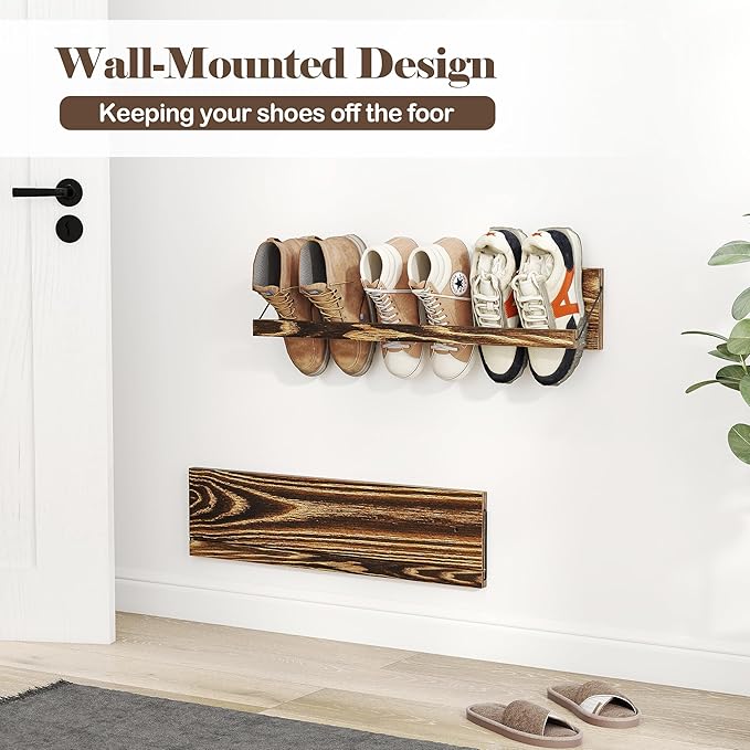 Nisorpa 2 Pcs Wall Mounted Shoe Rack Rustic Burnt Wood, Wall Hanging Shoe Rack Mounted, Shoes Storage Organizer Footwear Holder for Entryways Closet Mudroom Hallways, 30 Inch, Holds 3 Pairs