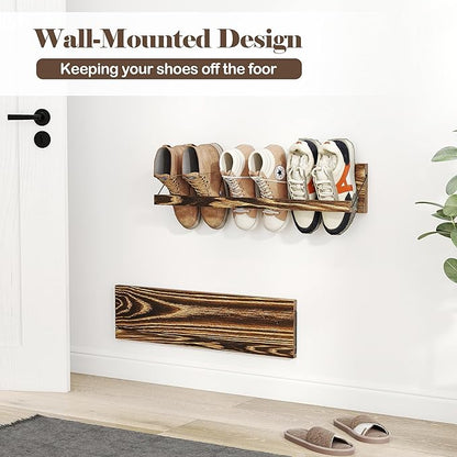 Nisorpa 2 Pcs Wall Mounted Shoe Rack Rustic Burnt Wood, Wall Hanging Shoe Rack Mounted, Shoes Storage Organizer Footwear Holder for Entryways Closet Mudroom Hallways, 30 Inch, Holds 3 Pairs