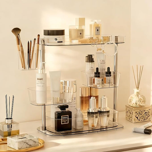 Rotating Makeup Vanity Organizer, Bathroom Countertop Cosmetic Skin Care Storage,Cosmetic Display Case with Brush Holder,for Skincare Perfume Cosmetics,Detachable Hanging Trays & Hooks