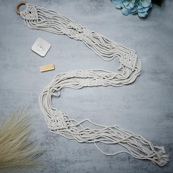 Macrame Hat Hangers for Wall with Adhensive Wooden Hook, Handmade Decorative Boho Hat Organizer Bohemian Macrame Cap Holder Set for Display for Beach Hat Sun Hat for Wide Brim Caps (2 holes)