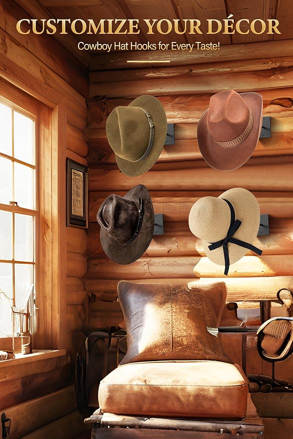 Cinati Cowboy Hat Rack for Wall, 4 Pack Cowboy Hat Holder Wall Mount, Western Rustic Metal Cowboy Hat Hanger, Hat Hooks for Cowboy Hat, Fedora, Sun Hats,Wide Brim Hat Organizer
