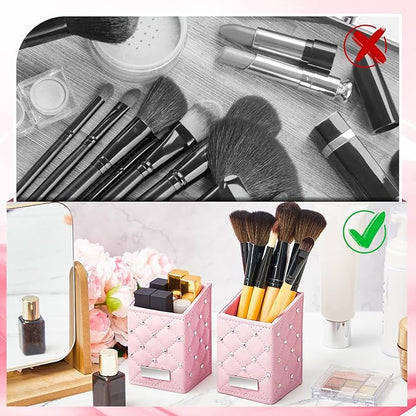 ReliThick 2 Pcs Pink Makeup Brush Holder, Crystal Bling PU Leather Vanity Organizer, Waterproof Glitter Cosmetic Brush Cup for Dresser Countertop Decor Gift for Women