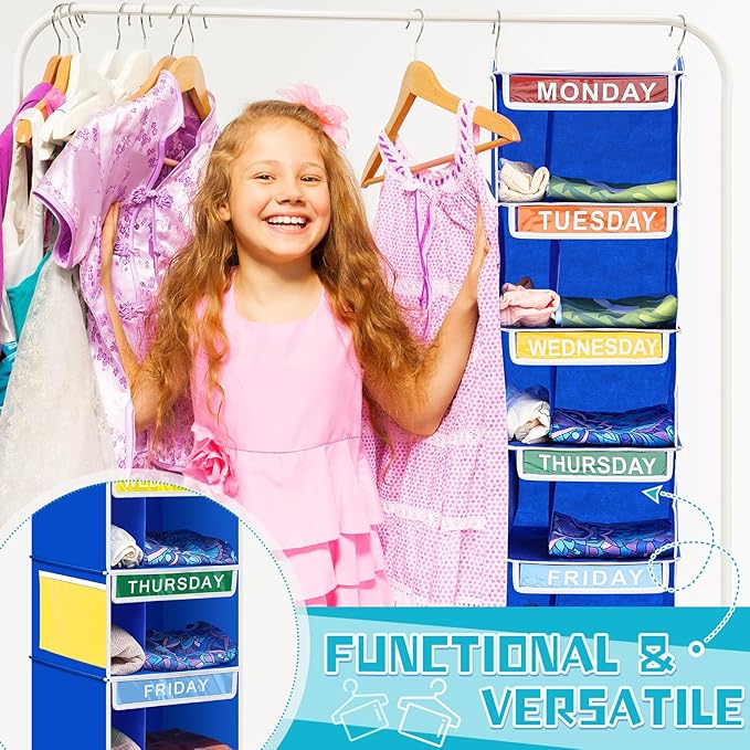 2 Pcs 7 Shelf Weekly Clothes Organizer for Kids Double Grid Hanging Closet Organizer 11. 8 x 11. 8 x 50 Inches Daily Activity Kids Clothes Storage Drawers Cube Closet Hanging Shelves