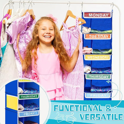 2 Pcs 7 Shelf Weekly Clothes Organizer for Kids Double Grid Hanging Closet Organizer 11. 8 x 11. 8 x 50 Inches Daily Activity Kids Clothes Storage Drawers Cube Closet Hanging Shelves