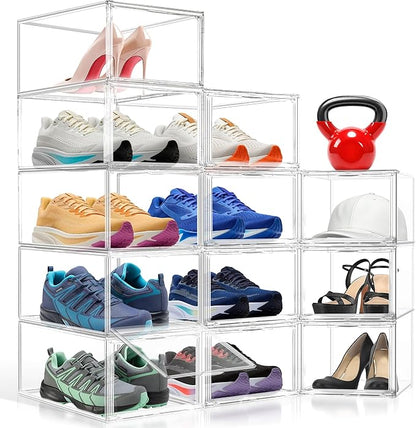 Clear Acrylic Shoe Boxes Organizer, Extra-Thick Reinforced Stackable Shoe Storage with Magnetic Door, Foldable Dust-Proof Display Cases for Closet & Entryway, Fits up to Men’s 12, Crystal Clear 1 Pack