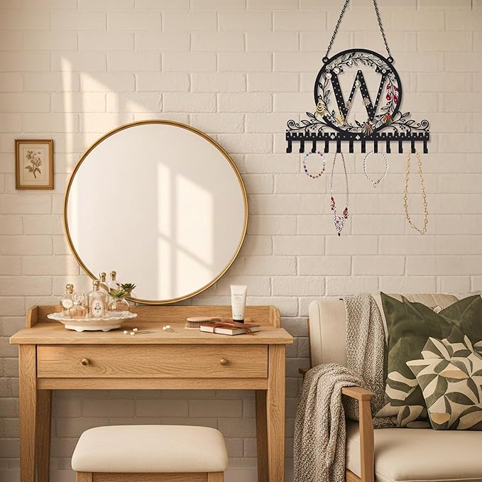 Wall-Mounted Metal Initial Letter W Earring Holder Hanging Jewelry Organizer for Earrings and Necklaces Space-Saving Wall Display with Hooks for Jewelry Storage