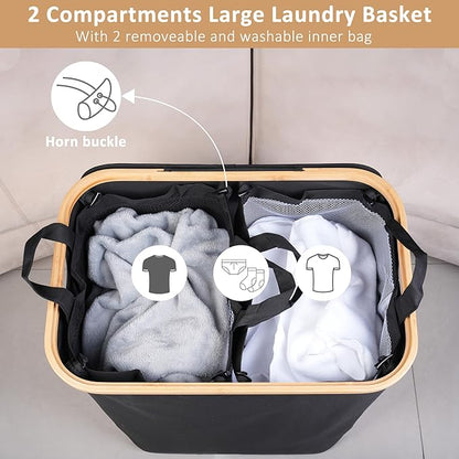 iEGrow 150L Laundry Basket with Lid,Large Laundry Hamper with Bamboo Handles, Hampers for Laundry, Dirty Clothes Hamper with 2 Removable Inner Bags for Clothes Towels,Black