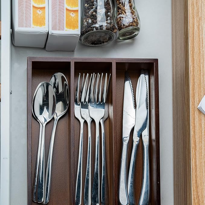 Fibogollo Silverware Organizer Bamboo Kitchen Drawer Organizer, Flatware Organizer Tray for Kitchen, Flatware, Utensils（Brown）