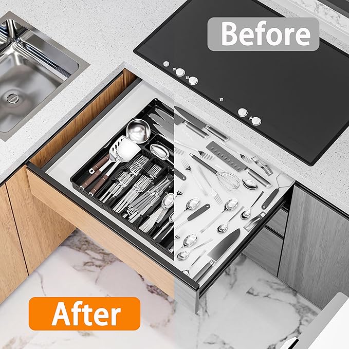 BPA-Free Expandable Utensil Drawer Organizer - Black Plastic Adjustable Storage Tray for Kitchen Flatware, Knives, Forks and Spoons