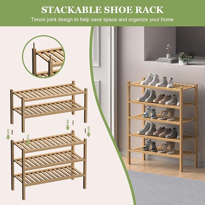ROMGUAR CRAFT (Thick Bamboo Shoe Rack for Entryway, 3-Tier Free Standing Shoe Racks Stackable Shoe Rack Organizer for Hallway Closet Living Room 27 x12 x21 Inches