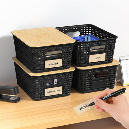 Plastic Storage Baskets with Bamboo Lids and Labels, Stackable Storage Containers, Storage Bins for Organizing Shelves Drawers Desktop Closets Office, 6 Packs-Black