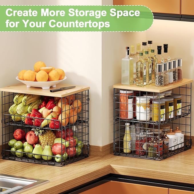 4 Pack Stackable Wire Baskets for Pantry Organizers and Storage, Pantry Baskets with Fixed Wooden Top, Fruit and Vegetable Storage Bins for Organizing Onion Potato Snack for Kitchen Cabinet/Countertop