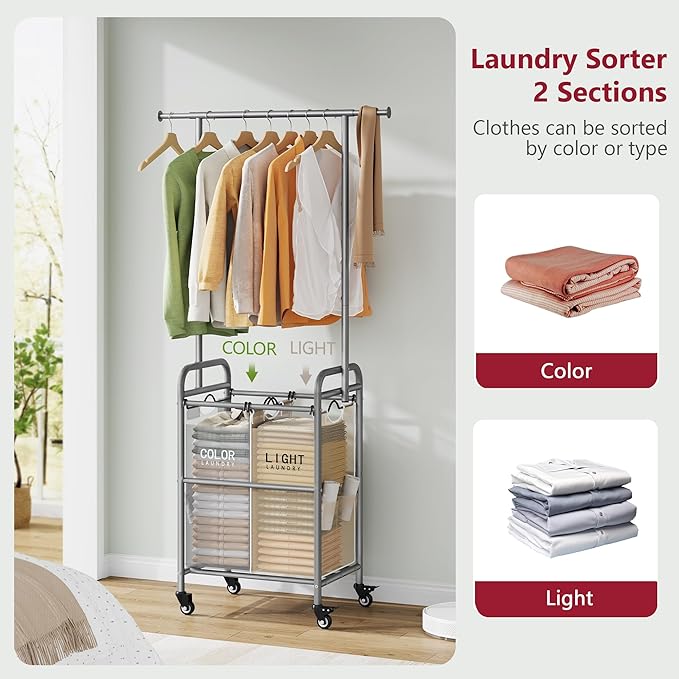 Tajsoon Laundry Sorter with Hanging Rack, 2 Section Rolling Laundry Hamper with Lockable Wheels and Removable Bag, Beige & Gray
