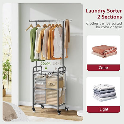 Tajsoon Laundry Sorter with Hanging Rack, 2 Section Rolling Laundry Hamper with Lockable Wheels and Removable Bag, Beige & Gray