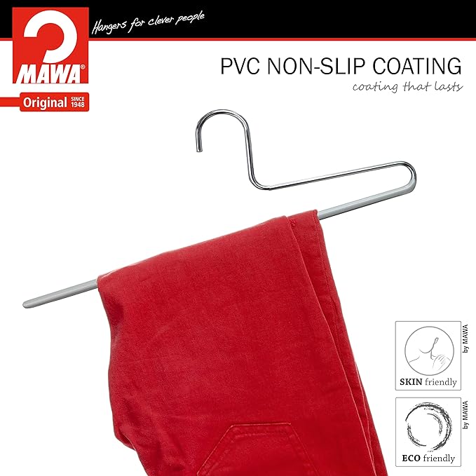 Mawa by Reston Lloyd Non-Slip Space Saving Clothes Hanger with Single Rod for Pants, Style KH/1, Set of 30, Silver