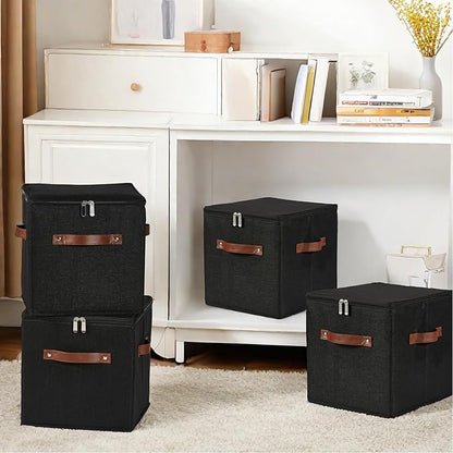 4PCS Storage Cubes with Lid Fabric Storage Bins Boxes PU Leather Handles Cotton Linen Closet Organizer Container Decorative Foldable Washable Shelf Cloth Basket (Zipper Lid, Black, 11in)