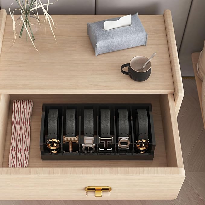 Belt Organizer for Drawer - Bamboo Belt Storage Organizer | Belt Rack for Closet Wall Mount Men Women Tie Sock Bra Scarf Ribbon (Black, 6 Grids)