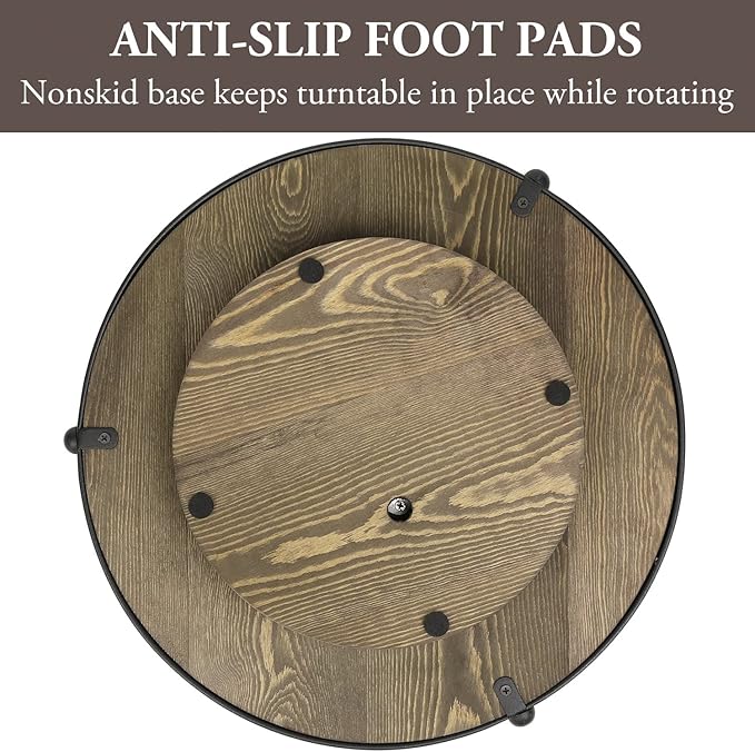 MyGift 15 Inch Lazy Susan Turntable Tray with Round Rustic Burnt Solid Wood Board and Black Metal Accent, Rotating Spice Rack Kitchen Countertop Organizer Home Decor