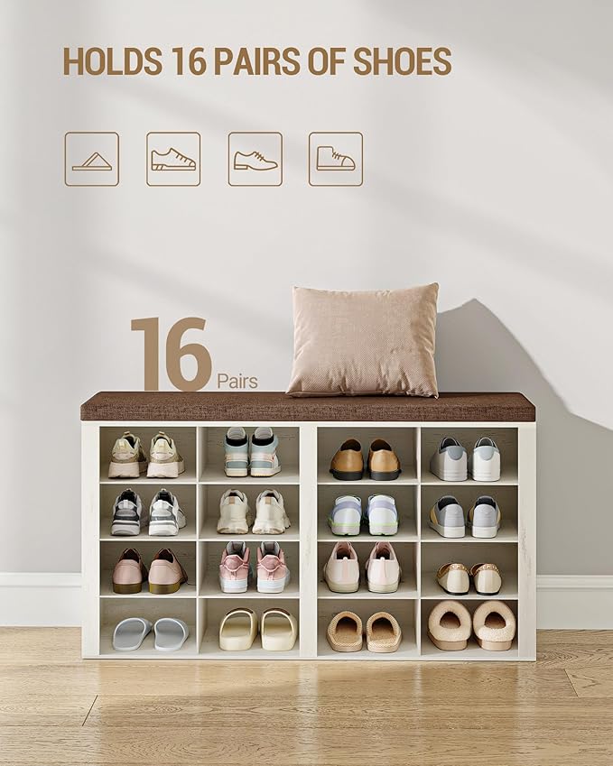 Hzuaneri Shoe Bench with Cushion, Entryway Storage Bench with 16 Cubbies, Cubby Shoe Rack with Adjustable Shelves, Shoe Organizer Cabinet for Living Room, Bedroom, Entryway, Rustic White SB25614KA