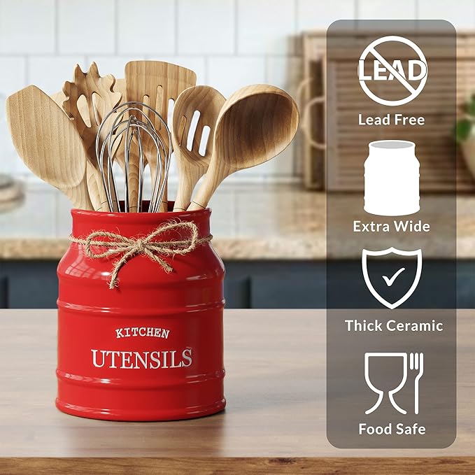 Barnyard Designs Ceramic Farmhouse Utensil Holder for Kitchen Counter, Large Rustic Utensil Crock, Countertop Cooking Tool Spatula Organizer, 6.75” (Red)