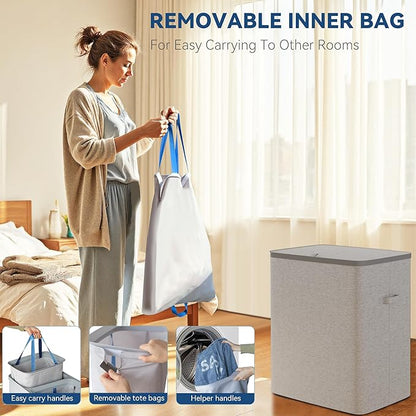 Dual Section 90 liter/23.8 gallon Laundry Hamper Separation Basket with lid, 2 Removable Washing Bags with Handles,Large Laundry Sorter for Easy Clothes Separation - Gray