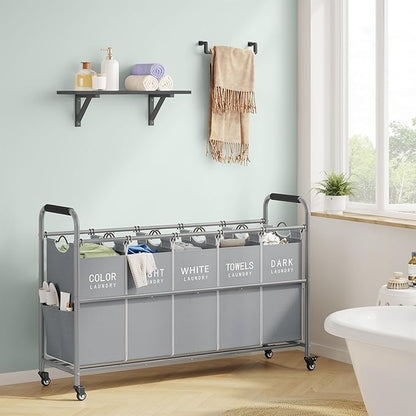 Tajsoon 5 Bag Laundry Sorter Cart, Laundry Hamper Sorter Basket with Heavy Duty Lockable Rolling Wheels for Clothes Storage, Grey & White