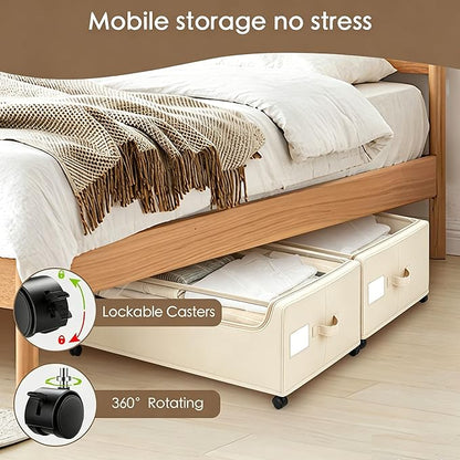Under Bed Storage with Wheels, 2-Pack Under the Bed Storage Containers with Clear Lids & Label, Underbed Storage Bins, XXXL 85L 11 inches Rolling Metal Drawer for Clothes, Shoes, Toys, Books - Beige