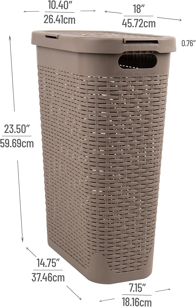Mind Reader Slim Laundry Hamper with Lid, 40L Clothes Basket, Narrow Tapered Design with Ventilated Cutout Pattern, Plastic, Tan