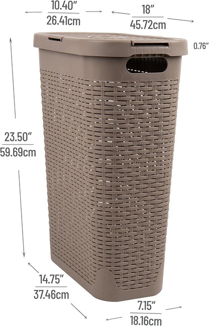 Mind Reader Slim Laundry Hamper with Lid, 40L Clothes Basket, Narrow Tapered Design with Ventilated Cutout Pattern, Plastic, Tan