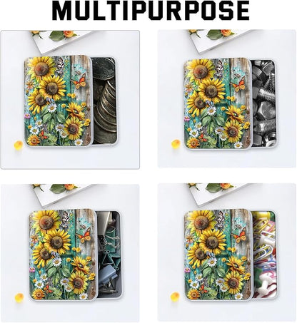 Metal Tin Box with Lid for Game Cards Home Organizer Candles Keys Crafts Storage - Equipped with 4 Magnetic Cord Clips，Sunflowers Daisies and Butterflies