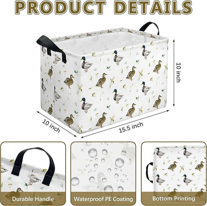 Mallard Duck Storage Basket, Collapsible Waterproof Canvas Organizer Bin, Funny Rectangular Kids Toys Storage Box Cute Mallard Duck Decor, Shelf Baskets for Closet Bedroom Office Dorm (Brown)