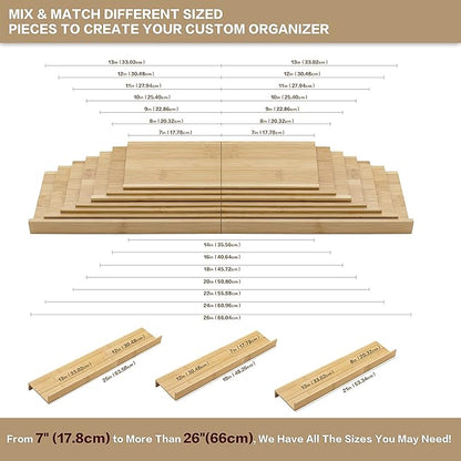 Bamboo Spice Rack Drawer Organizer - 8 Pieces Set- 7" Wide Per Piece - Combine Pieces Into 14" Wide Rack (7" or 14")