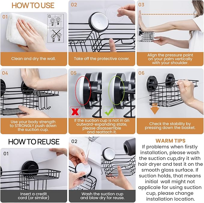 LEVERLOC Shower Caddy Suction Cup, Suction Caddy with Hooks and Soap Holder for Bathroom, No-Drilling Bathroom Shower Organizer, Black