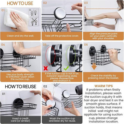LEVERLOC Shower Caddy Suction Cup, Suction Caddy with Hooks and Soap Holder for Bathroom, No-Drilling Bathroom Shower Organizer, Black