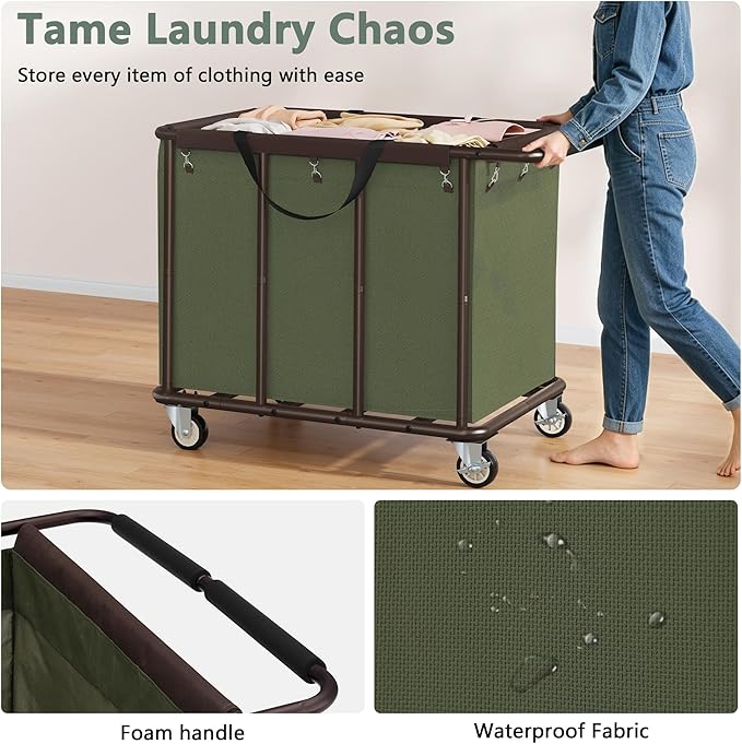 FAVOOSTY 470L Heavy Duty Commercial Laundry Cart with Wheels,Industrial Rolling Laundry Hamper, Extra Large Laundry Basket, Metal Frame for Hotel/Hospital/Home, 440lbs (Green)