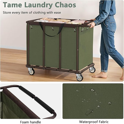 FAVOOSTY 470L Heavy Duty Commercial Laundry Cart with Wheels,Industrial Rolling Laundry Hamper, Extra Large Laundry Basket, Metal Frame for Hotel/Hospital/Home, 440lbs (Green)
