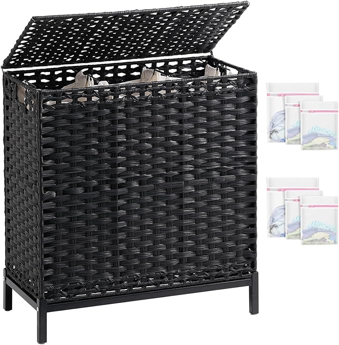 SETVSON Laundry Hamper with Lid 132 L, (35 Gallons) Clothes Hamper with Lid, Handwoven Rattan Laundry Hamper with Metal Heightened Feet, Laundry Hampers with 3 Removable Liner Bags for Laundry-Black