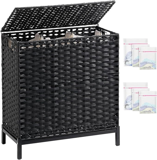SETVSON Laundry Hamper with Lid 132 L, (35 Gallons) Clothes Hamper with Lid, Handwoven Rattan Laundry Hamper with Metal Heightened Feet, Laundry Hampers with 3 Removable Liner Bags for Laundry-Black