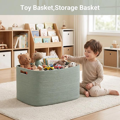 75L Green Cotton Rope Storage Basket, Large Rectangle Laundry Hamper with Handles, 22”x17”x12” Woven Blanket and Toy Basket for Living Room, Bedroom and Nursery