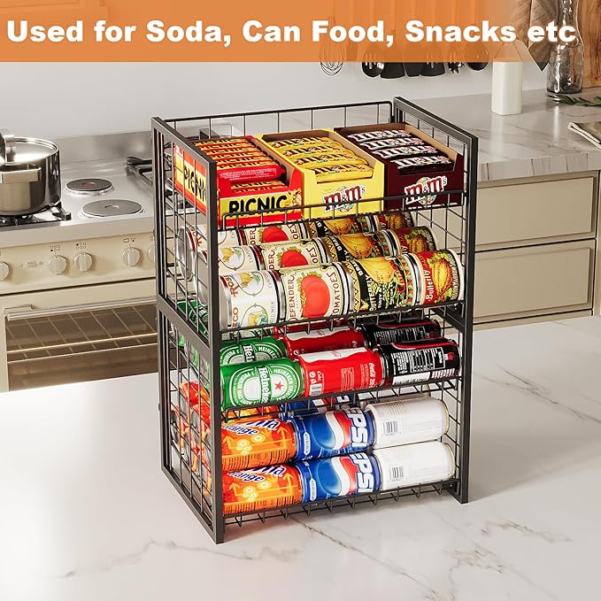 X-cosrack 2 Packs Stackable Can Rack Organizer for Pantry, 2-Tier Sturdy Adjustable Pantry Can Storage Organizer for Canned Food Can Goods, Kitchen Can Dispenser Holder for Soda Drinks Snack, Black